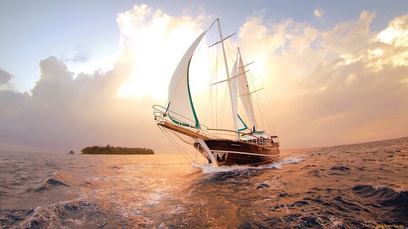 Sailboat on Ocean — Blue, Serene, Sunset, Photograph, Island, Sky