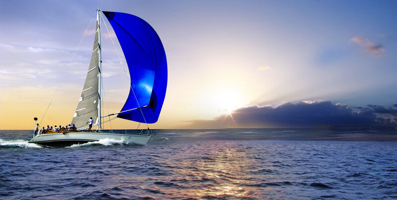 Sailboat on Ocean — Blue, Serene, Sunset