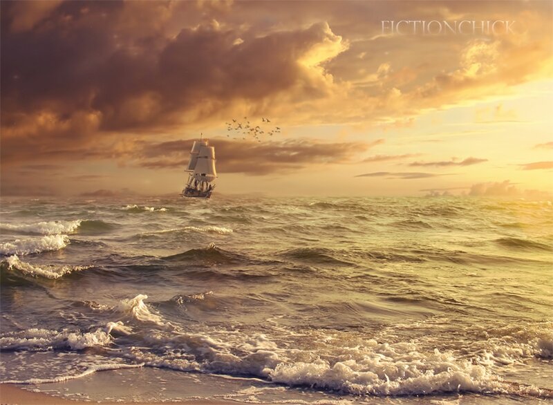 Sailboat on Ocean — Gold, Dramatic, Sunset, Digital Art