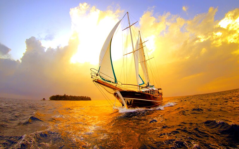 Sailboat on Ocean — Gold, Dramatic, Sunset, Photograph, Sky