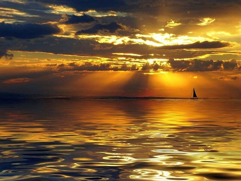 Sailboat on Ocean — Gold, Dramatic, Sunset