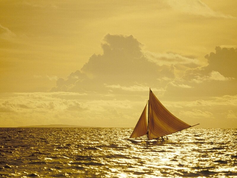 Sailboat on Ocean — Gold, Serene, Sunset