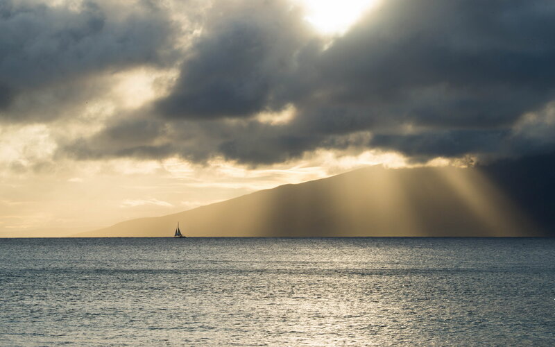 Sailboat on Ocean — Gray, Dramatic, Sunset