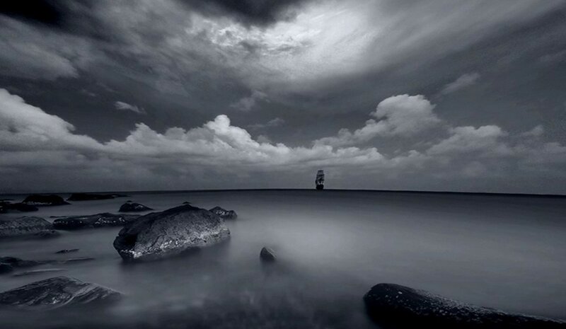 Sailboat on Ocean — Gray
