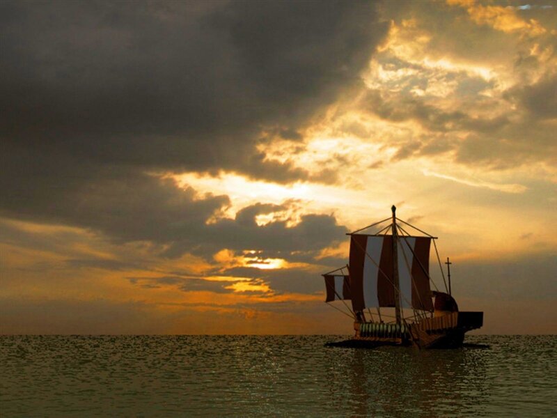 Sailboat on Ocean — Orange, Dramatic, Sunset, Digital Art, Sky