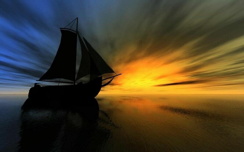 Sailboat on Ocean — Orange, Dramatic, Sunset, Digital Art