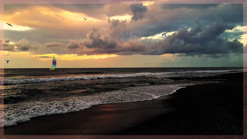 Sailboat on Ocean — Orange, Dramatic, Sunset, Photograph, Birds