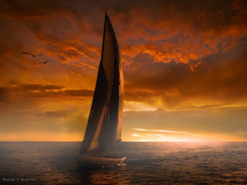 Sailboat on Ocean — Orange, Dramatic, Sunset, Photograph, Clouds, Birds