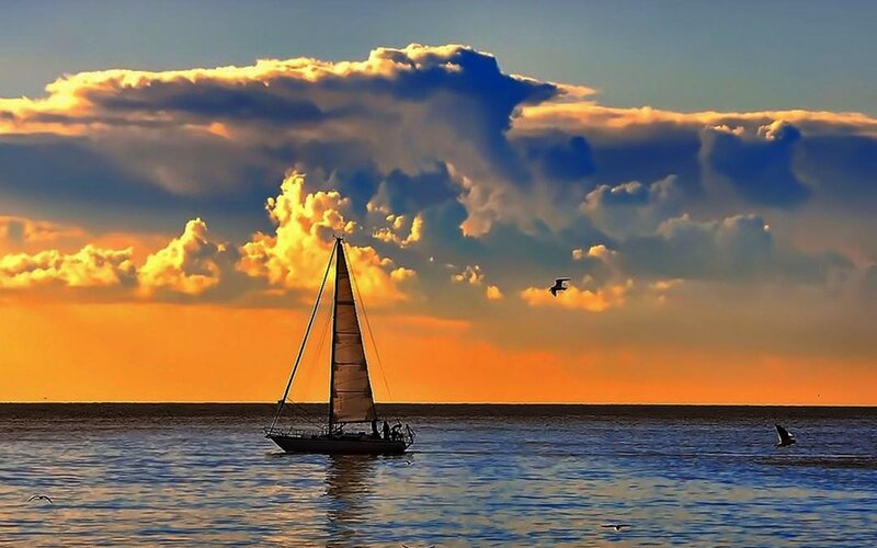 Sailboat on Ocean — Orange, Dramatic, Sunset, Photograph, Clouds
