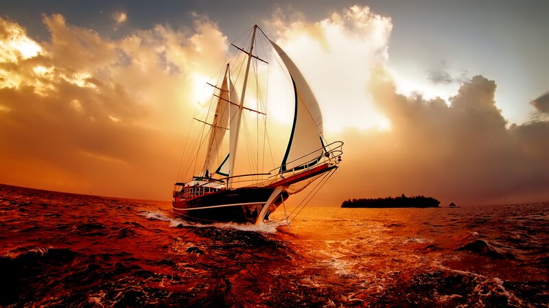 Sailboat on Ocean — Orange, Dramatic, Sunset, Photograph, Island