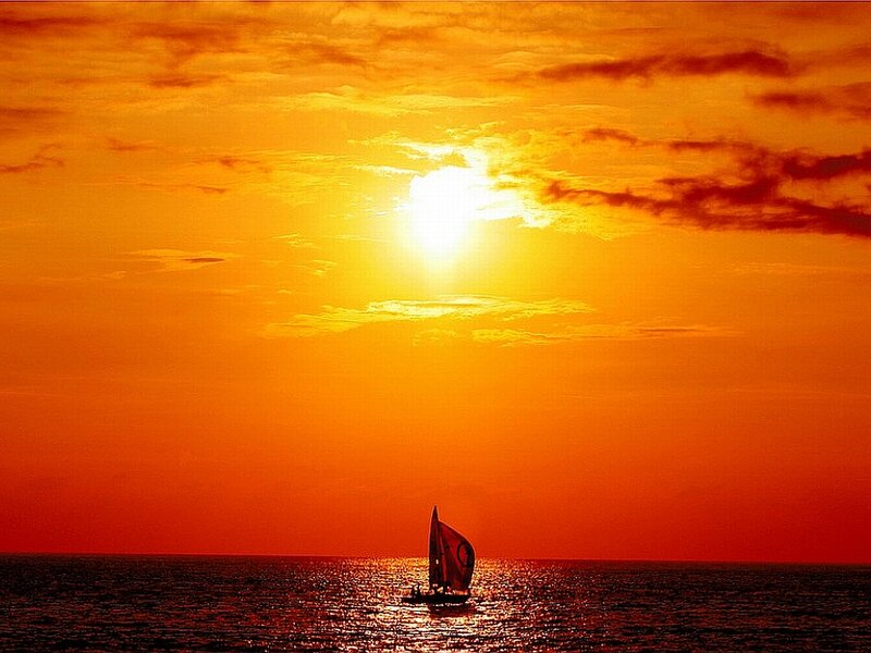 Sailboat on Ocean — Orange, Dramatic, Sunset, Photograph, Sun, Sky