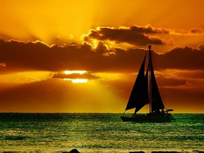 Sailboat on Ocean — Orange, Dramatic, Sunset, Photograph, Sun
