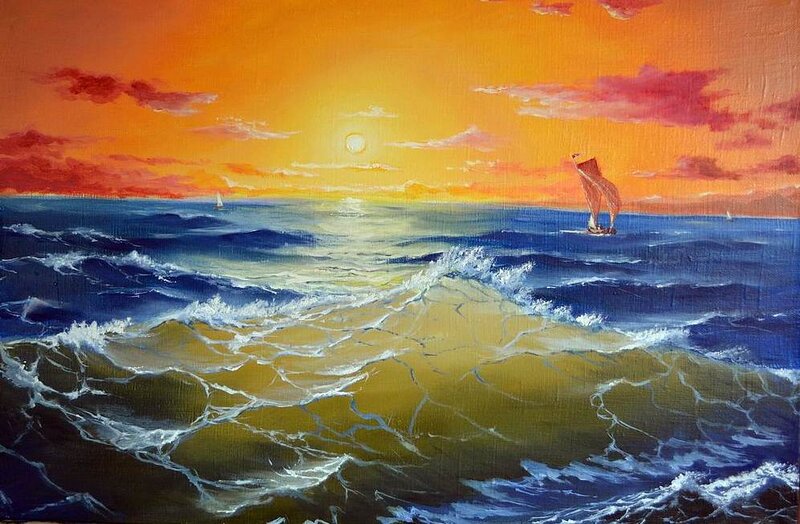 Sailboat on Ocean — Orange, Dramatic, Sunset
