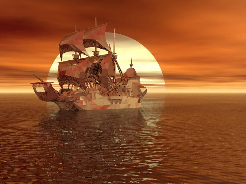 Sailboat on Ocean — Orange, Serene, Sunset, 3d Render