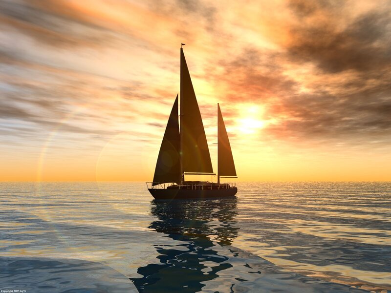 Sailboat on Ocean — Orange, Serene, Sunset, Digital Art
