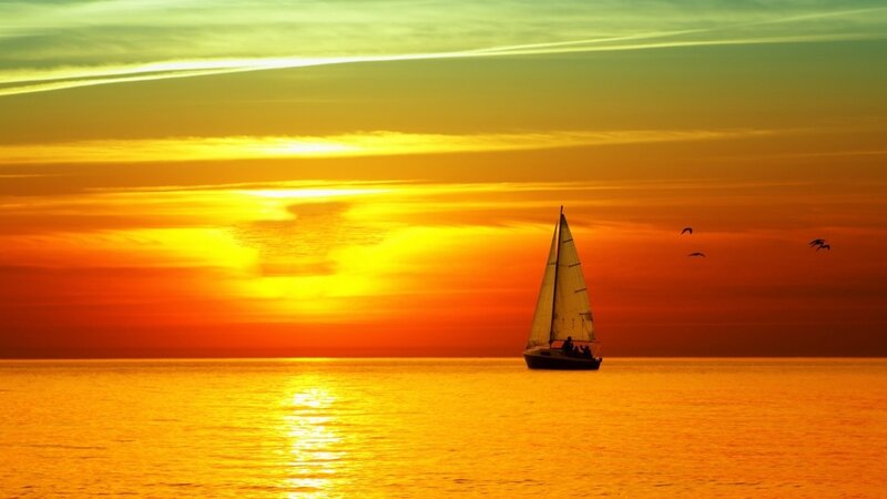 Sailboat on Ocean — Orange, Serene, Sunset, Photograph, Birds, Sea