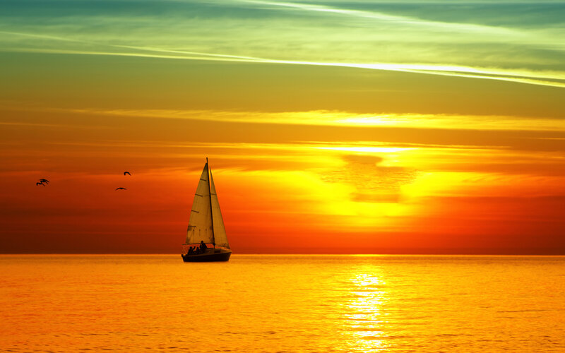 Sailboat on Ocean — Orange, Serene, Sunset, Photograph, Birds, Sun