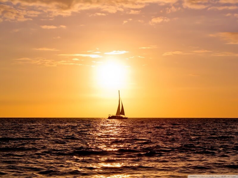 Sailboat on Ocean — Orange, Serene, Sunset, Photograph