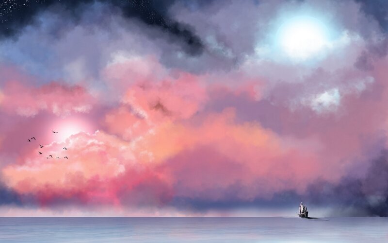 Sailboat on Ocean — Pink, Serene, Night