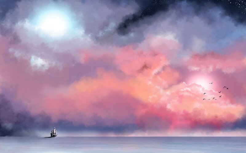 Sailboat on Ocean — Pink, Serene