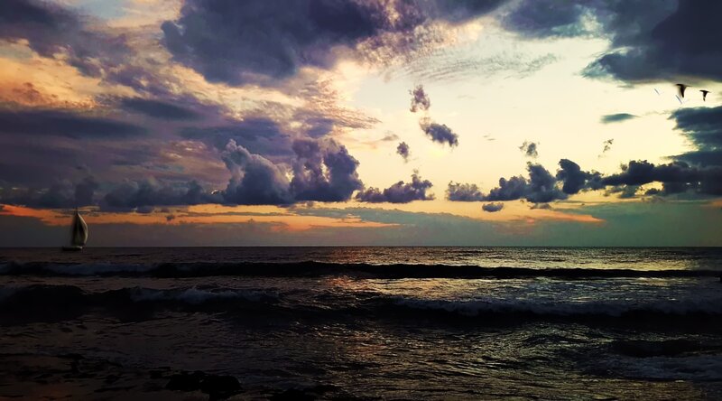 Sailboat on Ocean — Purple, Dramatic, Sunset, Photograph