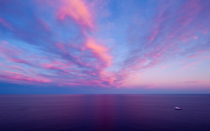 Sailboat on Ocean — Purple, Serene, Sunset