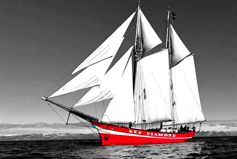 Sailboat on Ocean — Red, Dramatic, Photograph