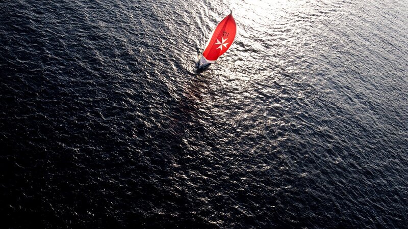 Sailboat on Ocean — Red, Dramatic, Sunset, Photograph