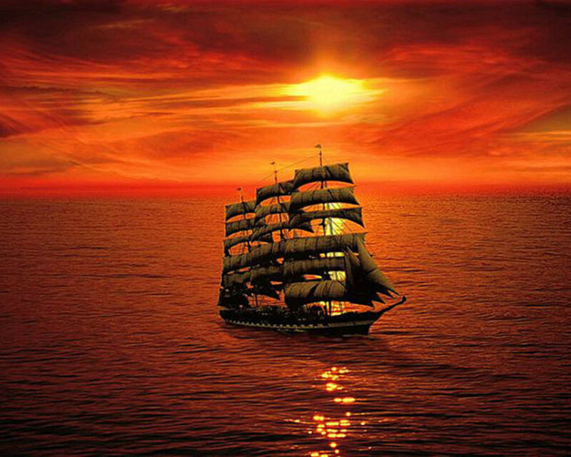Sailboat on Ocean — Red, Dramatic, Sunset