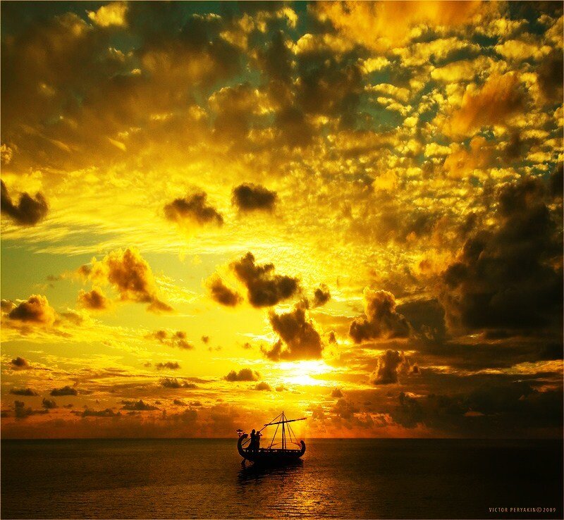 Sailboat on Ocean — Yellow, Dramatic, Sunset, Photograph, Sun