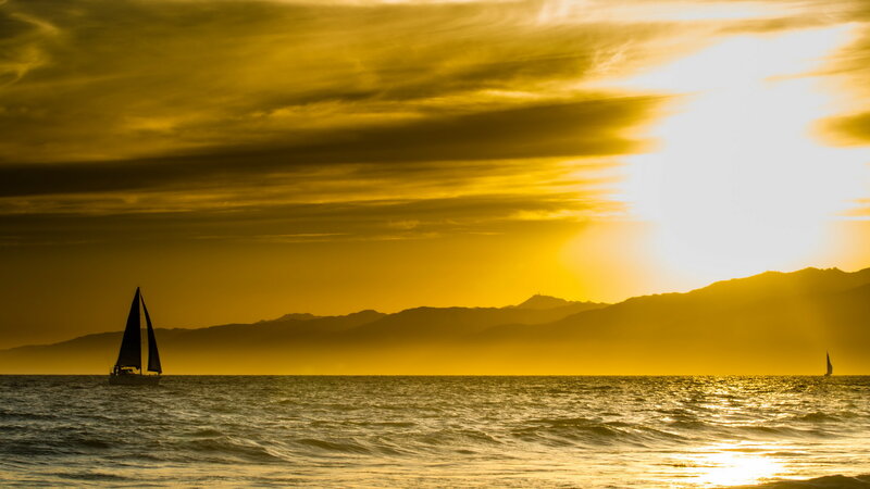 Sailboat on Ocean — Yellow, Dramatic, Sunset