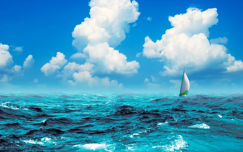 Sailboat on Open Ocean — Blue, Serene