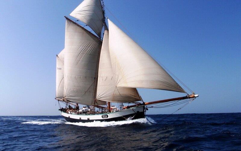 Sailboat on Open Sea — Blue, Serene, Afternoon, Photograph, Sails