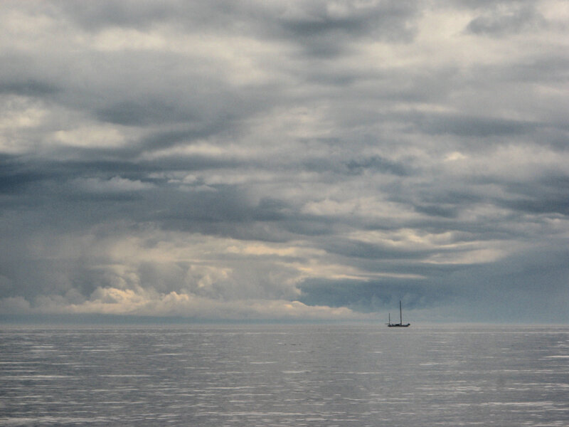 Sailboat on Open Sea — Gray