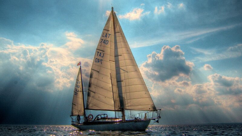 Sailboat on Open Water — Blue, Dramatic, Afternoon