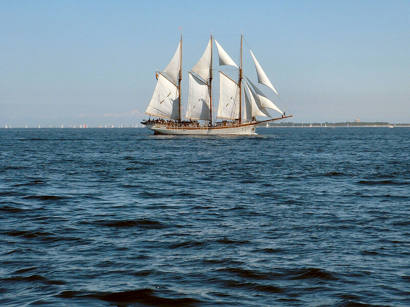 Sailboat on Open Water — Blue, Serene
