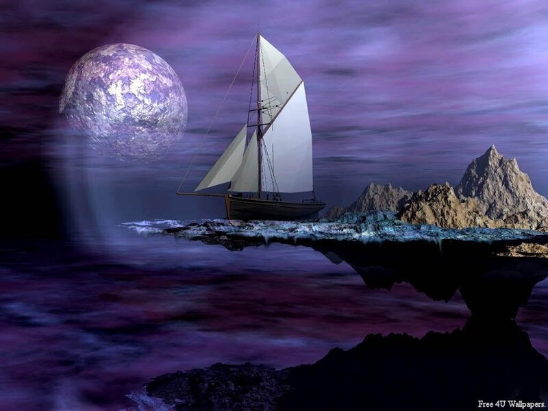 Sailboat on Purple Sea — Dramatic, Night