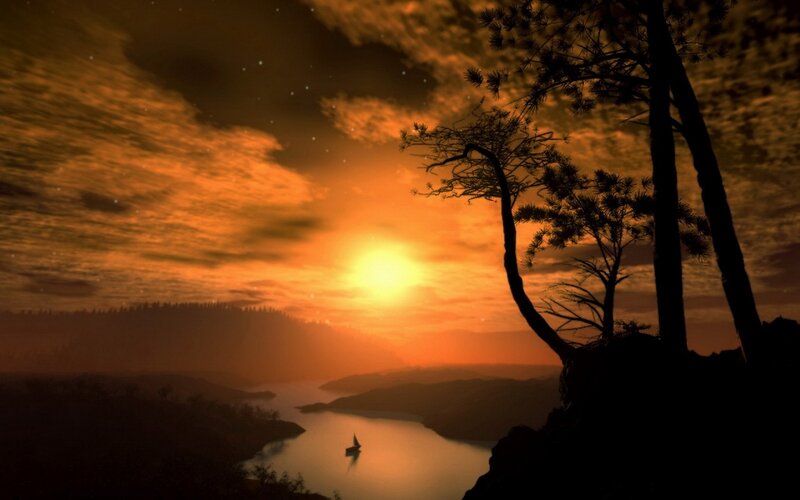 Sailboat on River at Sunset — Orange, Dramatic