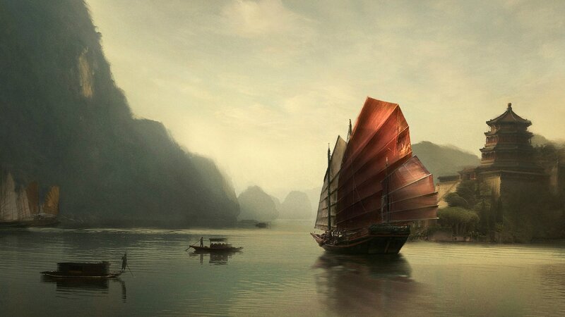 Sailboat on River — Red
