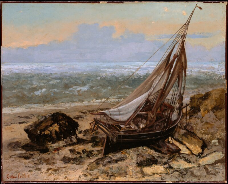 Sailboat on Rocky Shore — Blue, Dramatic