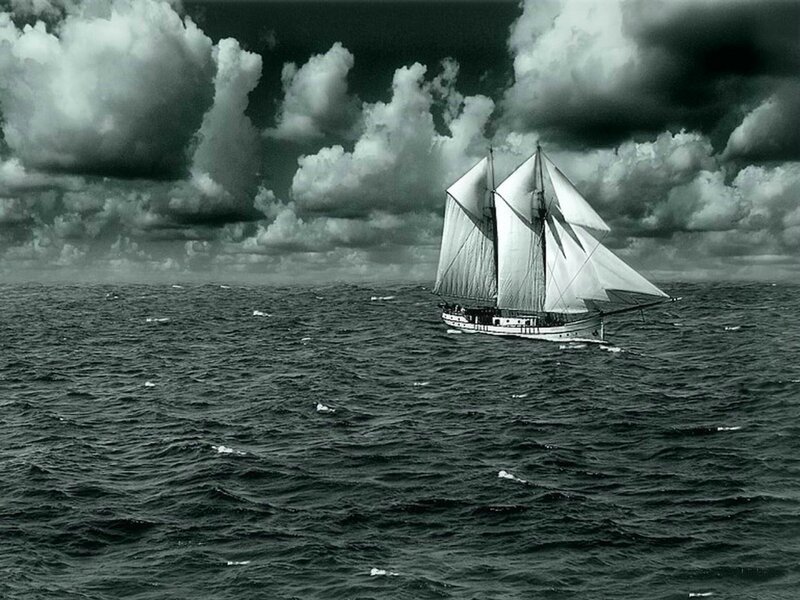 Sailboat on Rough Sea — Black, Dramatic, Photograph