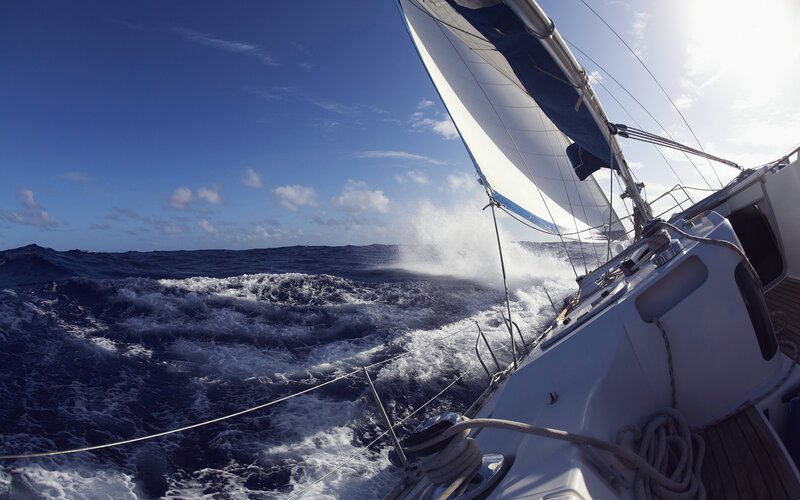 Sailboat on Rough Sea — Blue, Dramatic, Afternoon, Photograph