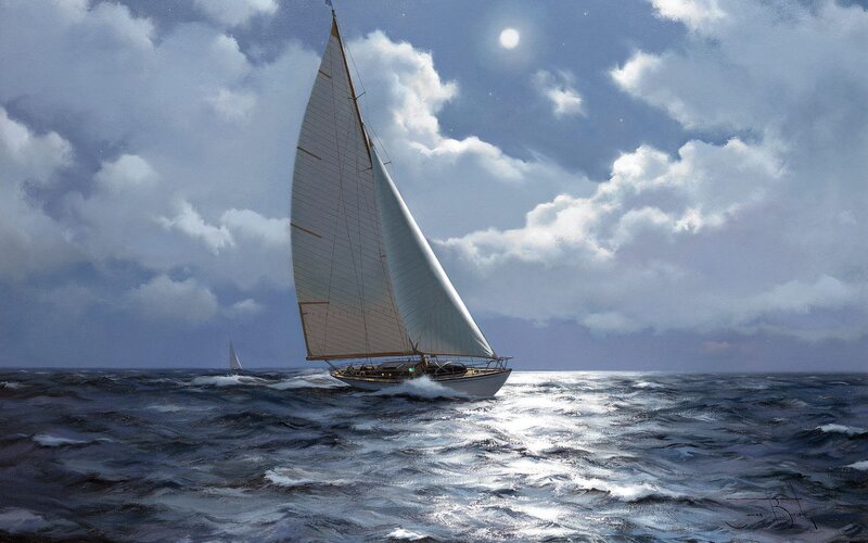 Sailboat on Rough Sea — Blue, Dramatic, Night