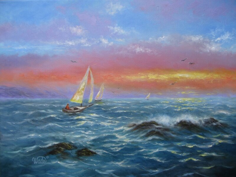 Sailboat on Rough Sea — Blue, Dramatic, Sunset