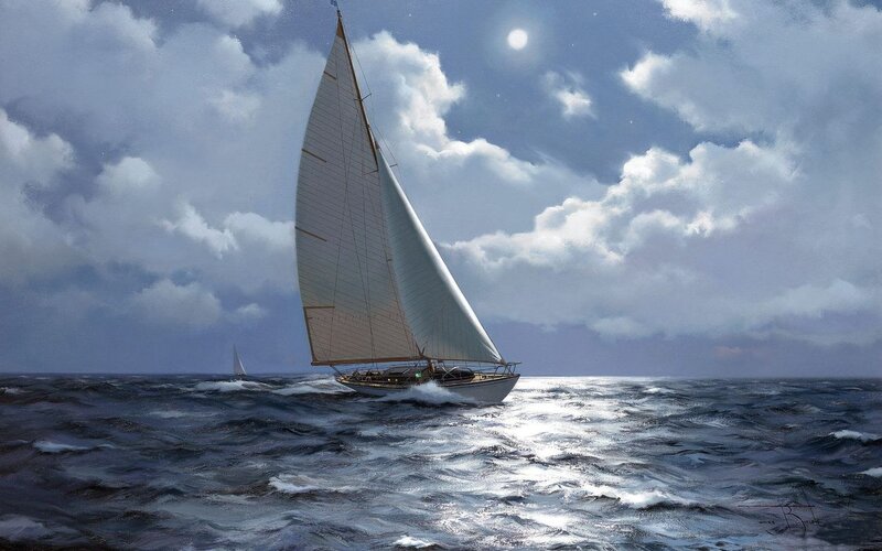Sailboat on Rough Sea — Blue, Dramatic