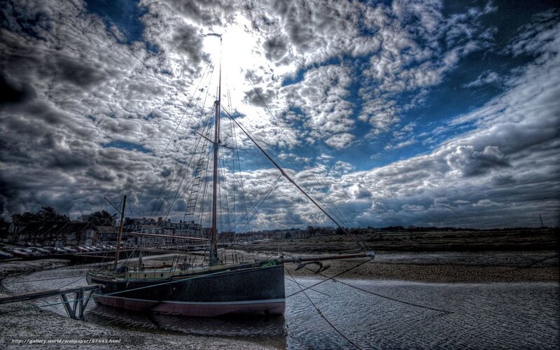 Sailboat on Tidal Flats — Blue, Dramatic, Afternoon