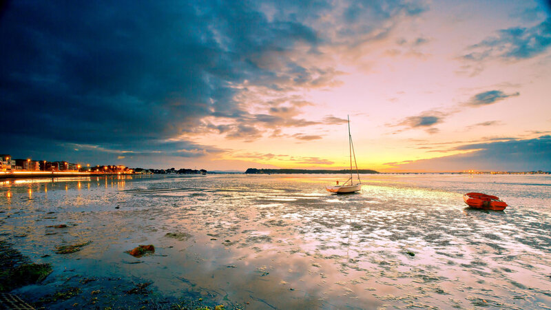 Sailboat on Tidal Flats — Blue, Dramatic