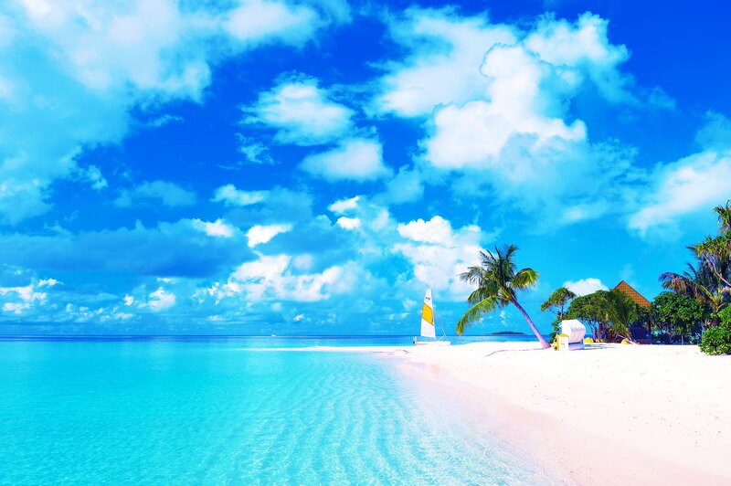 Sailboat on Tropical Beach — Blue, Serene, Afternoon