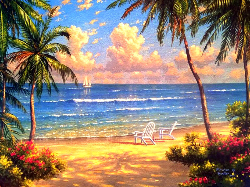 Sailboat on Tropical Beach — Blue, Serene, Sunset