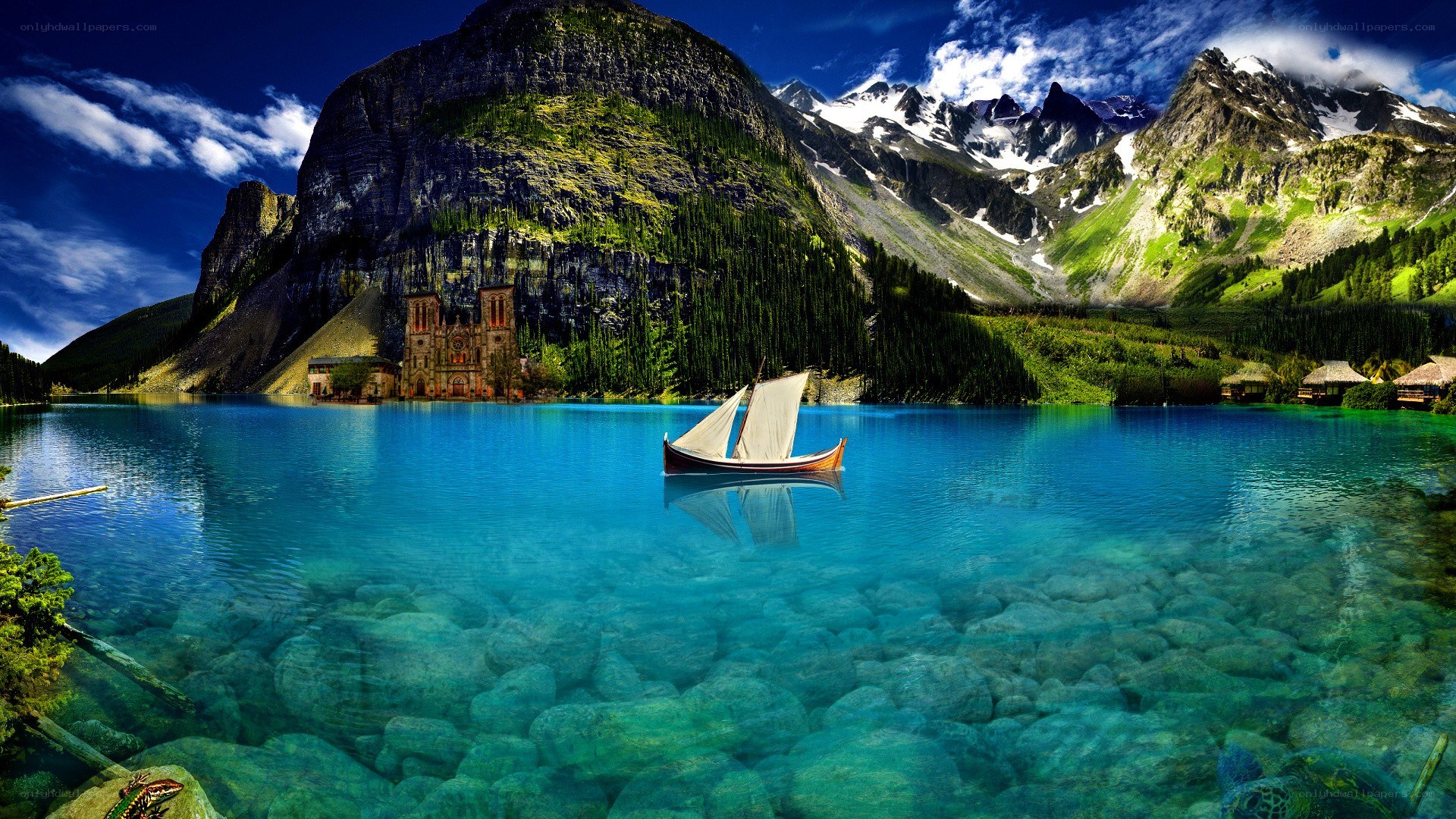 sailboat on turquoise lake